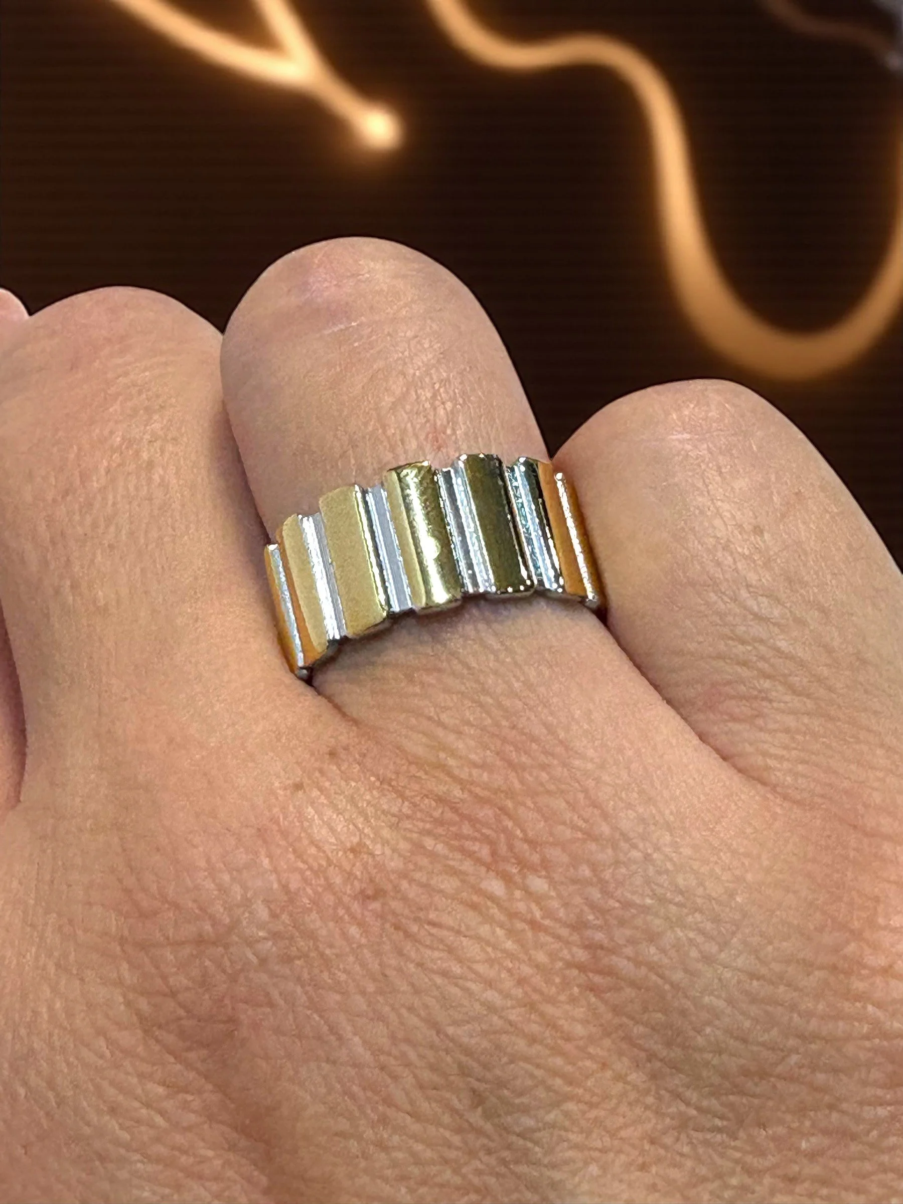Anillo Ancho en Acero Rectángulos Bicolor