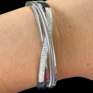 Pulsera Rígida en Acero Plateado y Circonitas Varias Vueltas