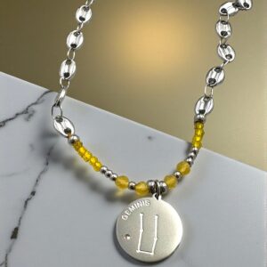 Pulsera Geminis en Acero Plateado  con las Piedras del Signo