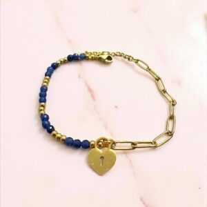Pulsera en Acero Dorado con Cadena y Piedras Azules con Adorno de Candado