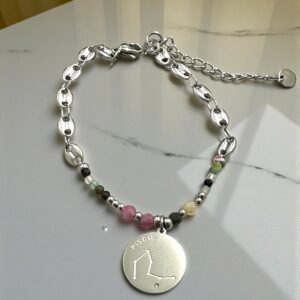 Pulsera Piscis en Acero Plateado  con las Piedras del Signo