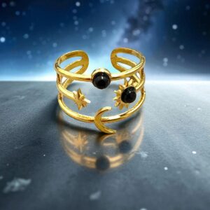 Anillo estrella luna sol con piedras negras acero dorado