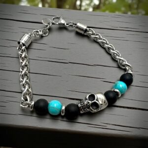 Pulsera Acero Plateado con Bolas en Negro y Azul con Calavera