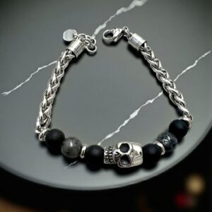 Pulsera Acero Plateado con Bolas en Negro y Gris con Calavera