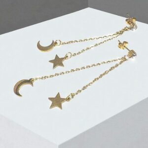 Pendiente en Acero Dorado Circonita y Dos Cadenas con Estrella Y Luna