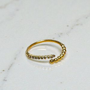 Anillo abierto bolitas y circonitas en acero dorado